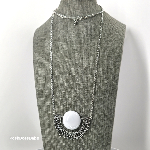 Boho Silver Statement Necklace with White Stone Pendant Geometric Tribal Design - Picture 1 of 8